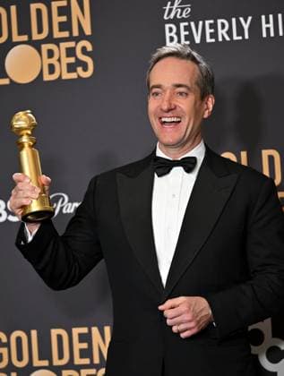 Matthew Macfadyen, winner of the Best Supporting Actor, Television award for Succession during the 81st annual Golden Globe Awards at the Beverly Hilton in Beverly Hills, California on Sunday, January 7, 2024.  LAP202401070356 CHRISxCHEW