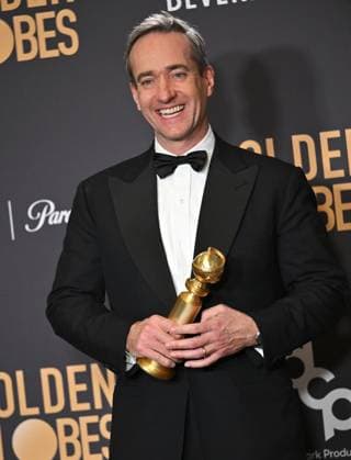 Matthew Macfadyen, winner of the Best Supporting Actor, Television award for Succession during the 81st annual Golden Globe Awards at the Beverly Hilton in Beverly Hills, California on Sunday, January 7, 2024.  LAP202401070357 CHRISxCHEW