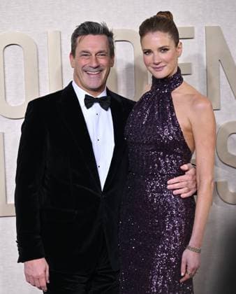(L-R) Jon Hamm and Anna Osceola arrive for the 81st annual Golden Globe Awards at the Beverly Hilton in Beverly Hills, California on Sunday, January 7, 2024.  LAP202401070360 CHRISxCHEW