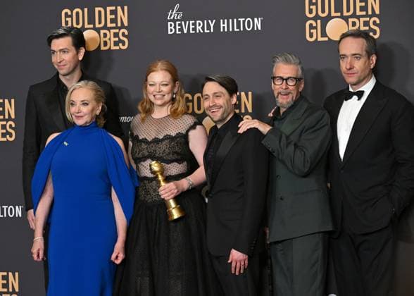 (L-R) Nicholas Braun, J. Smith-Cameron, Sarah Snook, Kieran Culkin, Alan Ruck, and Matthew Macfadyen, winners of the Best Television Series - Drama for Succession, during the 81st annual Golden Globe Awards at the Beverly Hilton in Beverly Hills, California on Sunday, January 7, 2024.  LAP202401070365 CHRISxCHEW