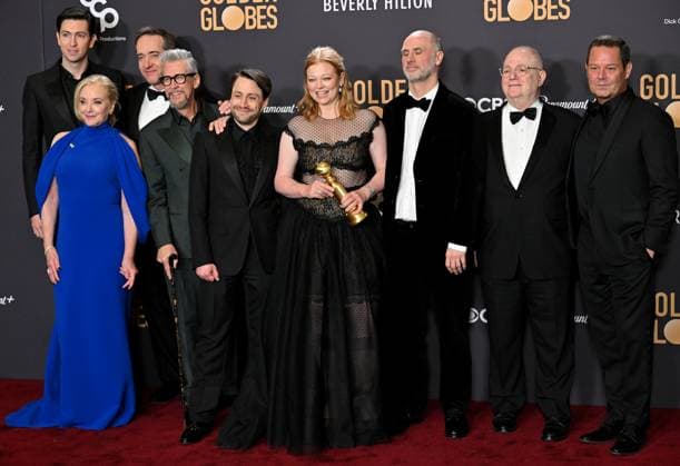 (L-R) Nicholas Braun, J. Smith-Cameron, Matthew Macfadyen, Alan Ruck, Kieran Culkin, Sarah Snook, Jesse Armstrong, Frank Rich, and Mark Mylod, winners of the Best Television Series - Drama for Succession, during the 81st annual Golden Globe Awards at the Beverly Hilton in Beverly Hills, California on Sunday, January 7, 2024.  LAP202401070366 CHRISxCHEW