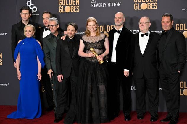 (L-R) Nicholas Braun, J. Smith-Cameron, Matthew Macfadyen, Alan Ruck, Kieran Culkin, Sarah Snook, Jesse Armstrong, Frank Rich, and Mark Mylod, winners of the Best Television Series - Drama for Succession, during the 81st annual Golden Globe Awards at the Beverly Hilton in Beverly Hills, California on Sunday, January 7, 2024.  LAP202401070367 CHRISxCHEW