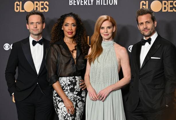 (L-R) Patrick J. Adams, Gina Torres, Sarah Rafferty and Gabriel Macht pose backstage during the 81st annual Golden Globe Awards at the Beverly Hilton in Beverly Hills, California on Sunday, January 7, 2024.  LAP202401070368 CHRISxCHEW
