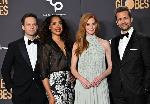 (L-R) Patrick J. Adams, Gina Torres, Sarah Rafferty and Gabriel Macht pose backstage during the 81st annual Golden Globe Awards at the Beverly Hilton in Beverly Hills, California on Sunday, January 7, 2024.  LAP202401070370 CHRISxCHEW