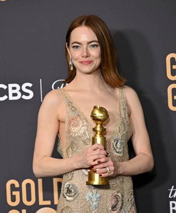 Emma Stone appears backstage after winning the award for Best Performance by an Actress in a Motion Picture, Musical or Comedy award for Poor Things during the 81st annual Golden Globe Awards at the Beverly Hilton in Beverly Hills, California on Sunday, January 7, 2024.  LAP202401070298 CHRISxCHEW