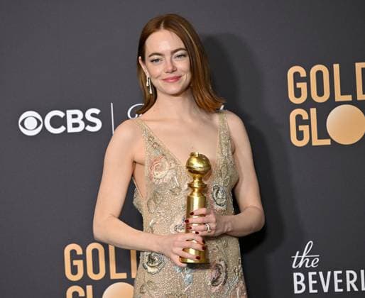 Emma Stone appears backstage after winning the award for Best Performance by an Actress in a Motion Picture, Musical or Comedy award for Poor Things during the 81st annual Golden Globe Awards at the Beverly Hilton in Beverly Hills, California on Sunday, January 7, 2024.  LAP202401070299 CHRISxCHEW
