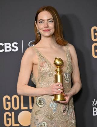 Emma Stone appears backstage after winning the award for Best Performance by an Actress in a Motion Picture, Musical or Comedy award for Poor Things during the 81st annual Golden Globe Awards at the Beverly Hilton in Beverly Hills, California on Sunday, January 7, 2024.  LAP202401070300 CHRISxCHEW