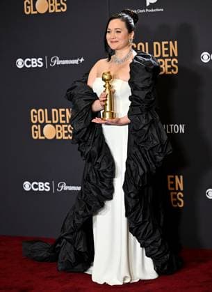 Lily Gladstone appears backstage after winning the award for Best Performance by a Female Actor in a Motion Picture ? Drama award for Killers of the Flower Moon, during the 81st annual Golden Globe Awards at the Beverly Hilton in Beverly Hills, California on Sunday, January 7, 2024.  LAP202401070309 CHRISxCHEW