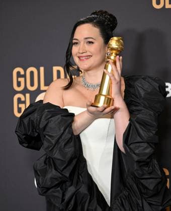 Lily Gladstone appears backstage after winning the award for Best Performance by a Female Actor in a Motion Picture ? Drama award for Killers of the Flower Moon, during the 81st annual Golden Globe Awards at the Beverly Hilton in Beverly Hills, California on Sunday, January 7, 2024.  LAP202401070311 CHRISxCHEW