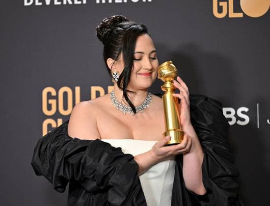 Lily Gladstone appears backstage after winning the award for Best Performance by a Female Actor in a Motion Picture ? Drama award for Killers of the Flower Moon, during the 81st annual Golden Globe Awards at the Beverly Hilton in Beverly Hills, California on Sunday, January 7, 2024.  LAP202401070312 CHRISxCHEW