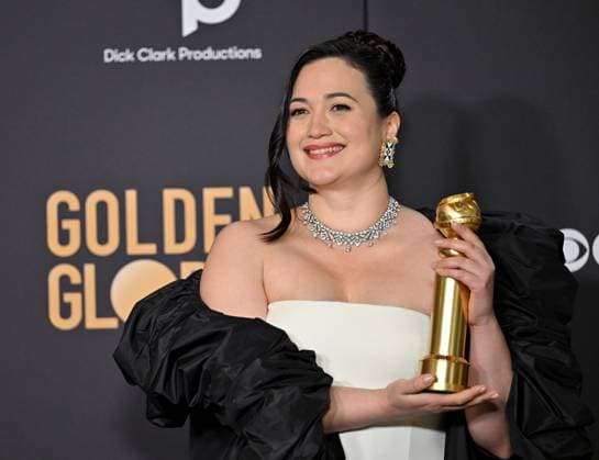 Lily Gladstone appears backstage after winning the award for Best Performance by a Female Actor in a Motion Picture ? Drama award for Killers of the Flower Moon, during the 81st annual Golden Globe Awards at the Beverly Hilton in Beverly Hills, California on Sunday, January 7, 2024.  LAP202401070313 CHRISxCHEW