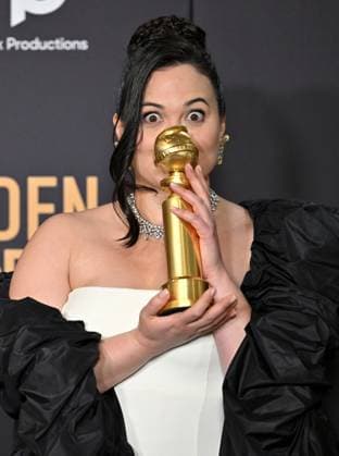 Lily Gladstone appears backstage after winning the award for Best Performance by a Female Actor in a Motion Picture ? Drama award for Killers of the Flower Moon, during the 81st annual Golden Globe Awards at the Beverly Hilton in Beverly Hills, California on Sunday, January 7, 2024.  LAP202401070314 CHRISxCHEW