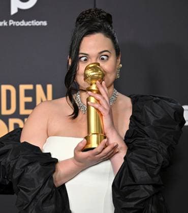 Lily Gladstone appears backstage after winning the award for Best Performance by a Female Actor in a Motion Picture ? Drama award for Killers of the Flower Moon, during the 81st annual Golden Globe Awards at the Beverly Hilton in Beverly Hills, California on Sunday, January 7, 2024.  LAP202401070315 CHRISxCHEW