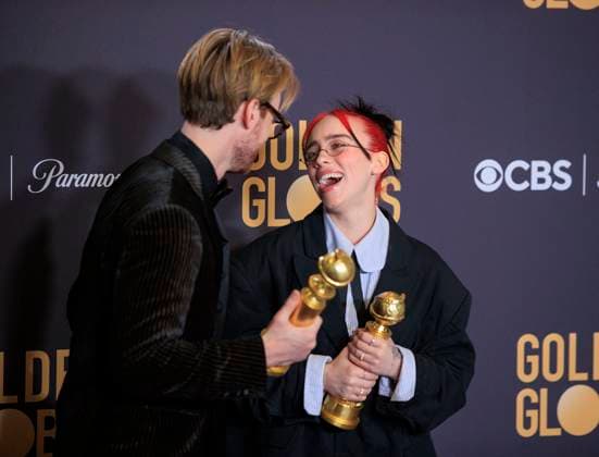 January 7, 2024, Beverly Hills, California, USA: Finneas and Billie Eilish (L-R) in the press room of the 81st Annual Golden Globe Awards on Sunday January 7, 2024 at The Beverly Hilton Hotel in Beverly Hills, California. ARIANA RUIZ PI Beverly Hills USA - ZUMAp124 20240107_zaa_p124_100 Copyright: xArianaxRuizx