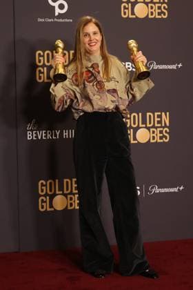 January 7, 2024, Beverly Hills, CA, USA: Justine Triet, winner of the Best Screenplay, Motion Picture award for Anatomy of a Fall poses in the press room during the 81st Annual Golden Globe Awards at The Beverly Hilton on January 07, 2024 in Beverly Hills, California. Beverly Hills USA - ZUMAs181 20240107_zea_s181_294 Copyright: xCraSHx