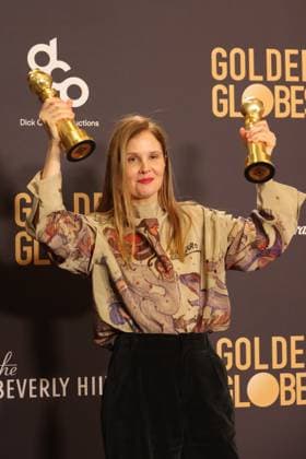 January 7, 2024, Beverly Hills, CA, USA: Justine Triet, winner of the Best Screenplay, Motion Picture award for Anatomy of a Fall poses in the press room during the 81st Annual Golden Globe Awards at The Beverly Hilton on January 07, 2024 in Beverly Hills, California. Beverly Hills USA - ZUMAs181 20240107_zea_s181_295 Copyright: xCraSHx