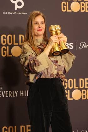January 7, 2024, Beverly Hills, CA, USA: Justine Triet, winner of the Best Screenplay, Motion Picture award for Anatomy of a Fall poses in the press room during the 81st Annual Golden Globe Awards at The Beverly Hilton on January 07, 2024 in Beverly Hills, California. Beverly Hills USA - ZUMAs181 20240107_zea_s181_296 Copyright: xCraSHx