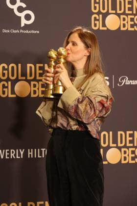 January 7, 2024, Beverly Hills, CA, USA: Justine Triet, winner of the Best Screenplay, Motion Picture award for Anatomy of a Fall poses in the press room during the 81st Annual Golden Globe Awards at The Beverly Hilton on January 07, 2024 in Beverly Hills, California. Beverly Hills USA - ZUMAs181 20240107_zea_s181_297 Copyright: xCraSHx