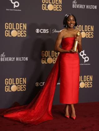 January 7, 2024, Beverly Hills, CA, USA: Ayo Edebiri, winner of the Best Performance in a Television Series Ã¢â‚¬ Musical or Comedy for The Bear, poses in the press room during the 81st Annual Golden Globe Awards at The Beverly Hilton on January 07, 2024 in Beverly Hills, California. Beverly Hills USA - ZUMAs181 20240107_zea_s181_302 Copyright: xCraSHx