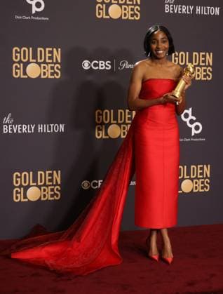 January 7, 2024, Beverly Hills, CA, USA: Ayo Edebiri, winner of the Best Performance in a Television Series Ã¢â‚¬ Musical or Comedy for The Bear, poses in the press room during the 81st Annual Golden Globe Awards at The Beverly Hilton on January 07, 2024 in Beverly Hills, California. Beverly Hills USA - ZUMAs181 20240107_zea_s181_303 Copyright: xCraSHx