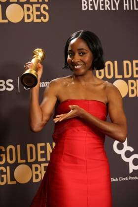 January 7, 2024, Beverly Hills, CA, USA: Ayo Edebiri, winner of the Best Performance in a Television Series Ã¢â‚¬ Musical or Comedy for The Bear, poses in the press room during the 81st Annual Golden Globe Awards at The Beverly Hilton on January 07, 2024 in Beverly Hills, California. Beverly Hills USA - ZUMAs181 20240107_zea_s181_309 Copyright: xCraSHx