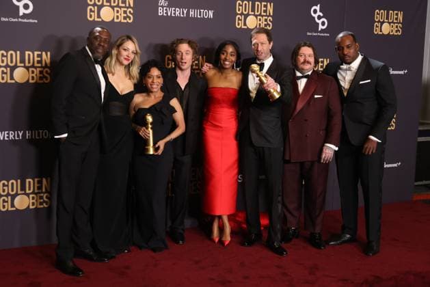January 7, 2024, Beverly Hills, CA, USA: (L-R) Edwin Lee Gibson, Abby Elliott, Liza ColoÂ³n-Zayas, Jeremy Allen White, Ayo Edebiri, Ebon Moss-Bachrach, Matty Matheson, and Lionel Boyce, winners of the Best Television Series - Musical or Comedy award for The Bear, pose in the press room during the 81st Annual Golden Globe Awards at The Beverly Hilton on January 07, 2024 in Beverly Hills, California. Beverly Hills USA - ZUMAs181 20240107_zea_s181_338 Copyright: xCraSHx