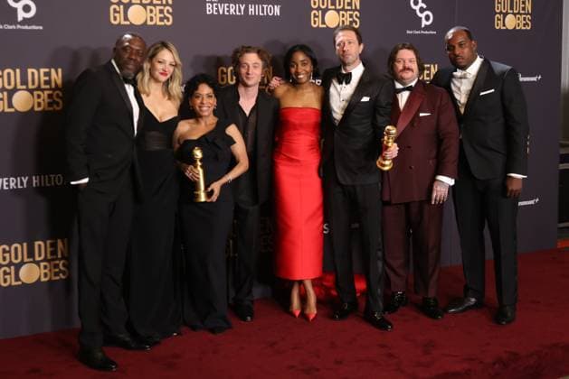 January 7, 2024, Beverly Hills, CA, USA: (L-R) Edwin Lee Gibson, Abby Elliott, Liza ColoÂ³n-Zayas, Jeremy Allen White, Ayo Edebiri, Ebon Moss-Bachrach, Matty Matheson, and Lionel Boyce, winners of the Best Television Series - Musical or Comedy award for The Bear, pose in the press room during the 81st Annual Golden Globe Awards at The Beverly Hilton on January 07, 2024 in Beverly Hills, California. Beverly Hills USA - ZUMAs181 20240107_zea_s181_339 Copyright: xCraSHx