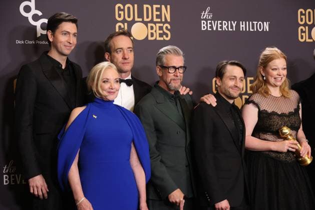 January 7, 2024, Beverly Hills, CA, USA: (L-R) Nicholas Braun, J. Smith-Cameron, Matthew Macfadyen, Alan Ruck, Kieran Culkin, Sarah Snook, Jesse Armstrong, Frank Rich, and Mark Mylod, winners of the Best Television Series - Drama for Succession, pose in the press room during the 81st Annual Golden Globe Awards at The Beverly Hilton on January 07, 2024 in Beverly Hills, California. Beverly Hills USA - ZUMAs181 20240107_zea_s181_357 Copyright: xCraSHx