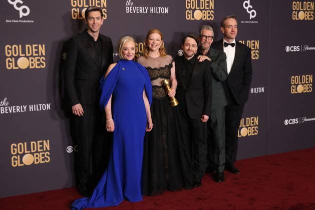 January 7, 2024, Beverly Hills, CA, USA: (L-R) Nicholas Braun, J. Smith-Cameron, Matthew Macfadyen, Alan Ruck, Kieran Culkin, Sarah Snook, Jesse Armstrong, Frank Rich, and Mark Mylod, winners of the Best Television Series - Drama for Succession, pose in the press room during the 81st Annual Golden Globe Awards at The Beverly Hilton on January 07, 2024 in Beverly Hills, California. Beverly Hills USA - ZUMAs181 20240107_zea_s181_359 Copyright: xCraSHx