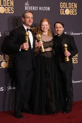 January 7, 2024, Beverly Hills, CA, USA: (L-R) Matthew Macfadyen, winner of the Best Supporting Actor, Television award for Succession, Sarah Snook, winner of the Best Performance by an Actress in a Television Series, Drama award for Succession, and Kieran Culkin, winner of the Best Performance by an Actor in a Television Series, Drama award for Succession pose in the press room during the 81st Annual Golden Globe Awards at The Beverly Hilton on January 07, 2024 in Beverly Hills, California. Beverly Hills USA - ZUMAs181 20240107_zea_s181_362 Copyright: xCraSHx