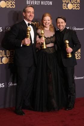 January 7, 2024, Beverly Hills, CA, USA: (L-R) Matthew Macfadyen, winner of the Best Supporting Actor, Television award for Succession, Sarah Snook, winner of the Best Performance by an Actress in a Television Series, Drama award for Succession, and Kieran Culkin, winner of the Best Performance by an Actor in a Television Series, Drama award for Succession pose in the press room during the 81st Annual Golden Globe Awards at The Beverly Hilton on January 07, 2024 in Beverly Hills, California. Beverly Hills USA - ZUMAs181 20240107_zea_s181_363 Copyright: xCraSHx