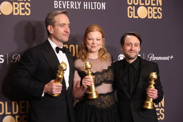 January 7, 2024, Beverly Hills, CA, USA: (L-R) Matthew Macfadyen, winner of the Best Supporting Actor, Television award for Succession, Sarah Snook, winner of the Best Performance by an Actress in a Television Series, Drama award for Succession, and Kieran Culkin, winner of the Best Performance by an Actor in a Television Series, Drama award for Succession pose in the press room during the 81st Annual Golden Globe Awards at The Beverly Hilton on January 07, 2024 in Beverly Hills, California. Beverly Hills USA - ZUMAs181 20240107_zea_s181_364 Copyright: xCraSHx