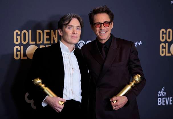January 7, 2024, Beverly Hills, California, USA: Cillian Murphy and Robert Downey Jr. (L-R) in the press room of the 81st Annual Golden Globe Awards on Sunday January 7, 2024 at The Beverly Hilton Hotel in Beverly Hills, California. ARIANA RUIZ PI Beverly Hills USA - ZUMAp124 20240107_zaa_p124_120 Copyright: xArianaxRuizx