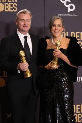 January 7, 2024, Beverly Hills, CA, USA: (L-R) Christopher Nolan and Emma Thomas, winners of the Best Motion Picture - Drama for Oppenheimer, pose in the press room during the 81st Annual Golden Globe Awards at The Beverly Hilton on January 07, 2024 in Beverly Hills, California. Beverly Hills USA - ZUMAs181 20240107_zea_s181_388 Copyright: xCraSHx