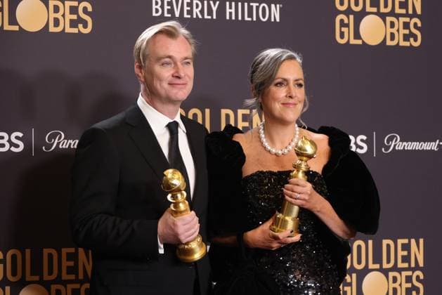 January 7, 2024, Beverly Hills, CA, USA: (L-R) Christopher Nolan and Emma Thomas, winners of the Best Motion Picture - Drama for Oppenheimer, pose in the press room during the 81st Annual Golden Globe Awards at The Beverly Hilton on January 07, 2024 in Beverly Hills, California. Beverly Hills USA - ZUMAs181 20240107_zea_s181_389 Copyright: xCraSHx