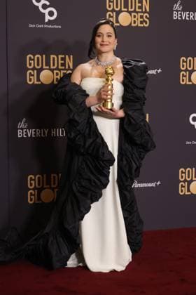 January 7, 2024, Beverly Hills, CA, USA: Lily Gladstone, winner of the Best Performance by a Female Actor in a Motion Picture Ã¢â‚¬ Drama award for Killers of the Flower Moon, poses in the press room during the 81st Annual Golden Globe Awards at The Beverly Hilton on January 07, 2024 in Beverly Hills, California. Beverly Hills USA - ZUMAs181 20240107_zea_s181_391 Copyright: xCraSHx
