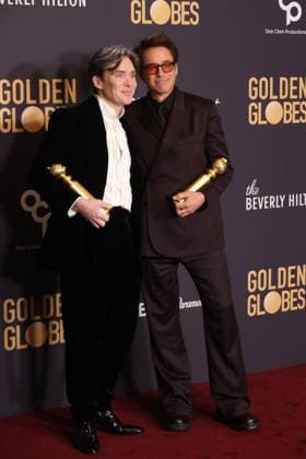 January 7, 2024, Beverly Hills, CA, USA: (L-R) Cillian Murphy, winner of the Best Performance by a Male Actor in a Motion Picture †Drama for Oppenheimer, and Robert Downey Jr., winner of the Best Performance by a Male Actor in a Supporting Role in any Motion Picture award for Oppenheimer, pose in the press room during the 81st Annual Golden Globe Awards at The Beverly Hilton on January 07, 2024 in Beverly Hills, California. Beverly Hills USA - ZUMAs181 20240107_zea_s181_412 Copyright: xCraSHx