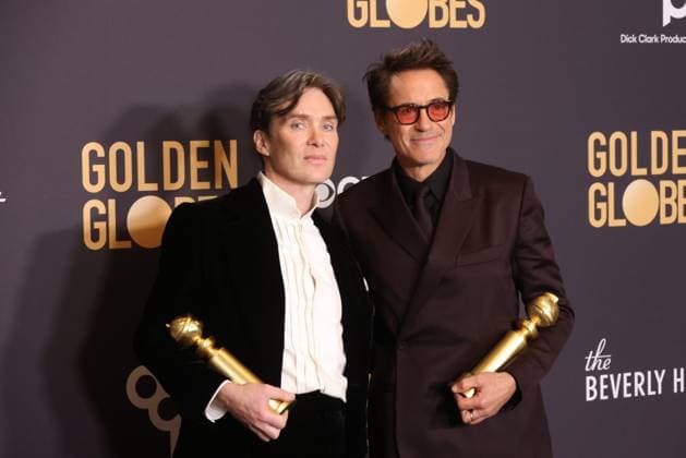 January 7, 2024, Beverly Hills, CA, USA: (L-R) Cillian Murphy, winner of the Best Performance by a Male Actor in a Motion Picture †Drama for Oppenheimer, and Robert Downey Jr., winner of the Best Performance by a Male Actor in a Supporting Role in any Motion Picture award for Oppenheimer, pose in the press room during the 81st Annual Golden Globe Awards at The Beverly Hilton on January 07, 2024 in Beverly Hills, California. Beverly Hills USA - ZUMAs181 20240107_zea_s181_414 Copyright: xCraSHx