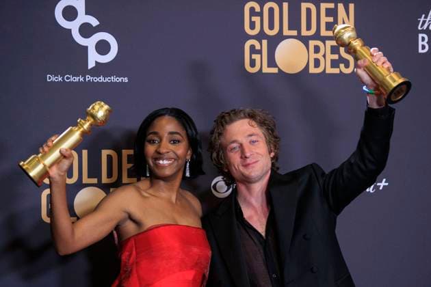 January 7, 2024, Beverly Hills, California, USA: Ayo Edebiri and Jeremy Allen White (L-R) in the press room of the 81st Annual Golden Globe Awards on Sunday January 7, 2024 at The Beverly Hilton Hotel in Beverly Hills, California. ARIANA RUIZ PI Beverly Hills USA - ZUMAp124 20240107_zaa_p124_128 Copyright: xArianaxRuizx