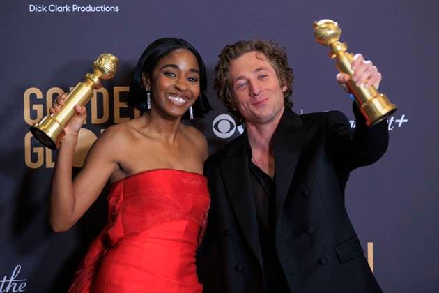 January 7, 2024, Beverly Hills, California, USA: Ayo Edebiri and Jeremy Allen White (L-R) in the press room of the 81st Annual Golden Globe Awards on Sunday January 7, 2024 at The Beverly Hilton Hotel in Beverly Hills, California. ARIANA RUIZ PI Beverly Hills USA - ZUMAp124 20240107_zaa_p124_130 Copyright: xArianaxRuizx