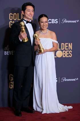 January 7, 2024, Beverly Hills, California, USA: Steven Yeun and Ali Wong (L-R) in the press room of the 81st Annual Golden Globe Awards on Sunday January 7, 2024 at the The Beverly Hilton Hotel in Beverly Hills, California. ARIANA RUIZ PI Beverly Hills USA - ZUMAp124 20240107_zaa_p124_136 Copyright: xArianaxRuizx