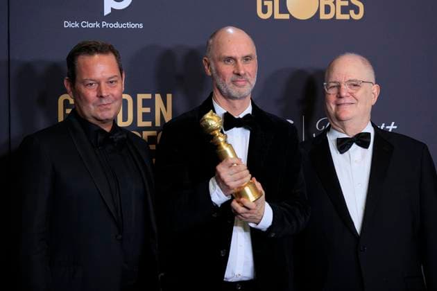 January 7, 2024, Beverly Hills, California, USA: Kevin J. Messick, Jesse Armstrong, and Frank Rich (L-R) in the press room of the 81st Annual Golden Globe Awards on Sunday January 7, 2024 at The Beverly Hilton Hotel in Beverly Hills, California. ARIANA RUIZ PI Beverly Hills USA - ZUMAp124 20240107_zaa_p124_166 Copyright: xArianaxRuizx