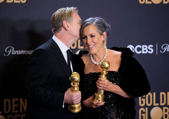 January 7, 2024, Beverly Hills, California, USA: Christopher Nolan and Emma Thomas (L-R) in the press room of the 81st Annual Golden Globe Awards on Sunday January 7, 2024 at The Beverly Hilton Hotel in Beverly Hills, California. ARIANA RUIZ PI Beverly Hills USA - ZUMAp124 20240107_zaa_p124_169 Copyright: xArianaxRuizx