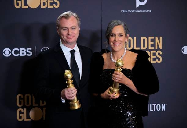 January 7, 2024, Beverly Hills, California, USA: Christopher Nolan and Emma Thomas (L-R) in the press room of the 81st Annual Golden Globe Awards on Sunday January 7, 2024 at The Beverly Hilton Hotel in Beverly Hills, California. ARIANA RUIZ PI Beverly Hills USA - ZUMAp124 20240107_zaa_p124_174 Copyright: xArianaxRuizx