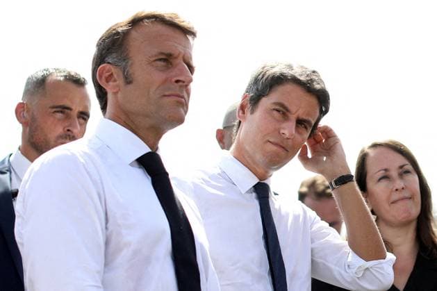 Reshuffle: Attal Could Be Named Prime Minister File photo - French President Emmanuel Macron and French Education and Youth Minister Gabriel Attal during a visit to the Daniel-Argote middle school in Orthez, France, on September 5, 2023. - French National Education Minister Gabriel Attal could be named Prime Minister after Elisabeth Borne spoke with President Emmanuel Macron as a cabinet reshuffle appears imminent. Photo by Stephane Lemouton Pool ABACAPRESS.COM Orthez France  Copyright: xLemoutonxStephane Pool ABACAx