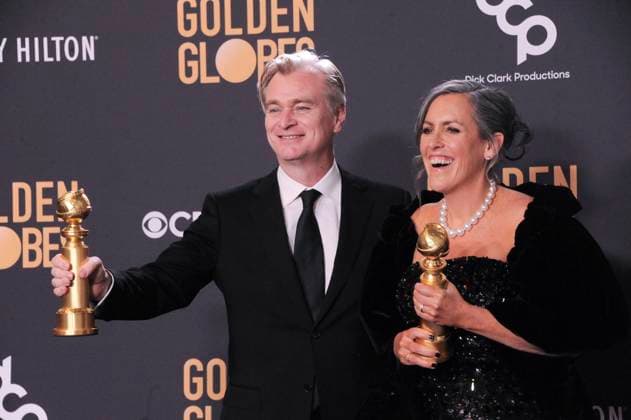 RECORD DATE NOT STATED Christopher Nolan, Emma Thomas in the press room, 81st Annual Golden Globe Awards - Press Room, Beverly Hilton Hotel, Beverly Hills, CA, United States, January 7, 2024. (Photo by: Elizabeth Goodenough Everett Collection) PUBLICATIONXNOTxINxCANxCHNxFRAxITAxJPNxNORxPOLxRUSxESPxUKxUSA