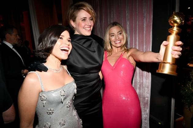 America Ferrera, Greta Gerwig, Margot Robbie, 81st Golden Globe Awards - Telecast and Backstage. Photo credit: Golden Globes  Copyright: xGoldenxGlobesx 34630-133PLX