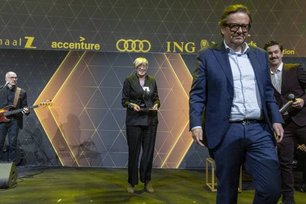 Euroclear s Lieve Mostrey and Belgian businessman Marc Coucke pictured during the 39th award ceremony for the Manager of the Year, Wednesday 10 January 2024 in Brussels. Flemish business magazine Trends, french-speaking counterpart Trends-Tendance, in collaboration with television channel Kanaal Z Canal Z, have a yearly tradition of electing a Flemish and a French-speaking manager of the year.  NICOLASxMAETERLINCK 83757753