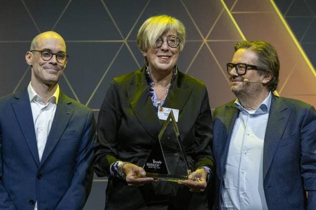 Stijn Fockedey, Euroclear s Lieve Mostrey and Belgian businessman Marc Coucke pictured during the 39th award ceremony for the Manager of the Year, Wednesday 10 January 2024 in Brussels. Flemish business magazine Trends, french-speaking counterpart Trends-Tendance, in collaboration with television channel Kanaal Z Canal Z, have a yearly tradition of electing a Flemish and a French-speaking manager of the year.  NICOLASxMAETERLINCK 83757754