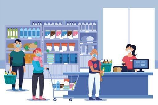 An illustration of customers in face masks with social distancing on a grocery store - COVID-19 concept 1874647 RECORD DATE NOT STATED